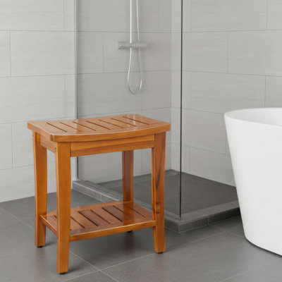 Tabouret de douche compact en teck de 16,1 pouces de qualité supérieure avec tablette, durable et imperméable, adapté aux salles de bain intérieures et extérieures