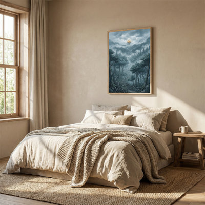 Misty Forest Path Leading To Glowing Castle On Hill Canvas Wall Art