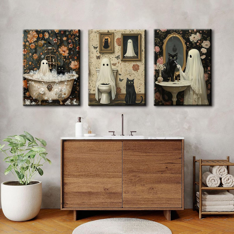 Halloween Gothic Wall Art Decor Bathroom Goth Funny Canvas Poster Dark Academia Wall Decor Horror Ghost Pictures Spooky Witchy Prints Cute Black Cat Paintings for Bathroom 12x16x3 Inch Wrapped Canvas