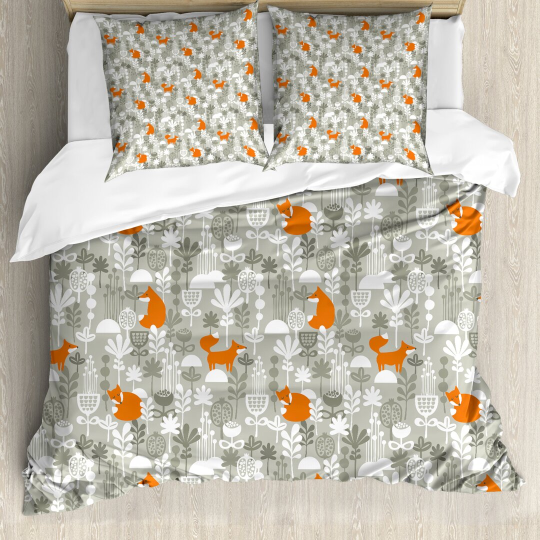 Bettbezug Set, Cartoon Nursery Blumen, Fuchs, Orange Pale Sage Grün