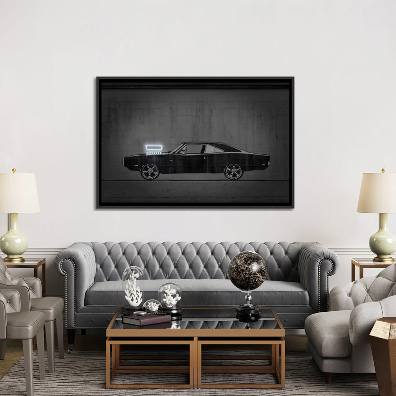 Impression d’art graphique « charger » par octave Mielu, Pas de tapis, H 40 po x l 60 po x 1,5 po, Toile avec cadre noir