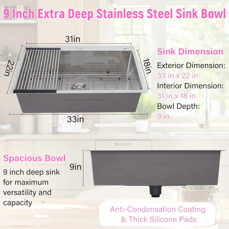 33 X 22 In Kitchen Sink Stainless Steel Drop-in Laundry Sink Top Mount Single Bowl Basin