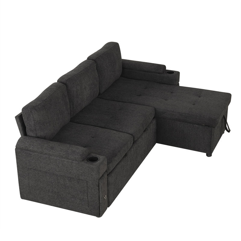 83.5" L-Shaped Sofa Couch Convertible Sofa Bed Sectional Sofa With Ample Storage Space, Two Cup Holders And Two USB Ports For Living Room, Black