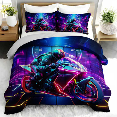 Ensemble d'édredon Neon Moto Speed Racing, ensemble de literie futuriste avec 2 taies d'oreiller, literie douce et lavable à la machine, édredon toutes saisons pour le décor