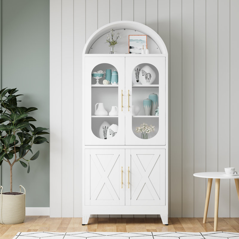 Armoire de rangement arquée moderne en métal avec 4 portes et tablettes réglables, Blanc