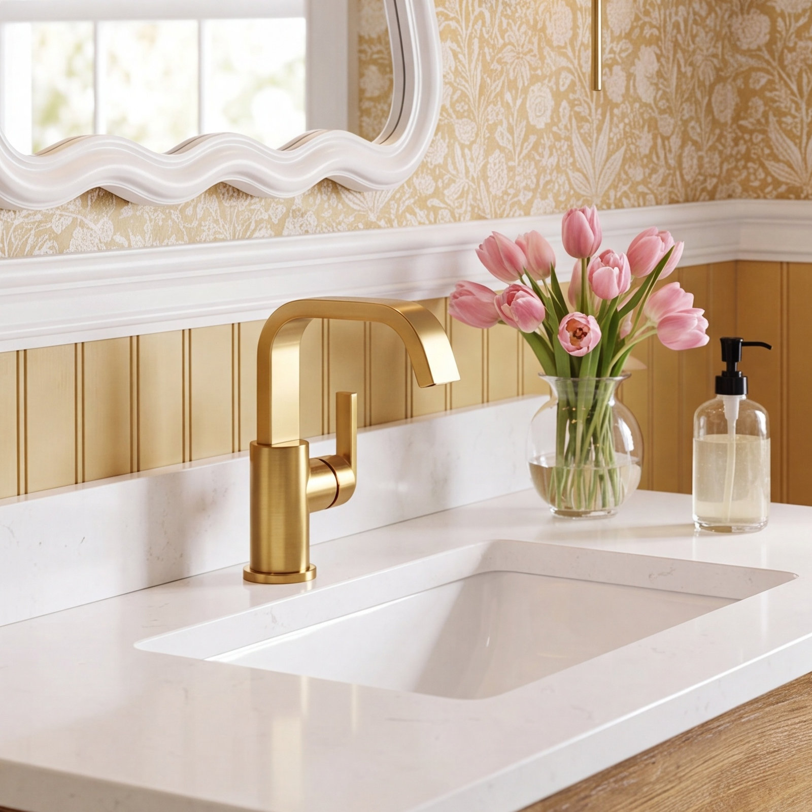 Single-Hole Bathroom Faucet with Drain, Brushed Gold
