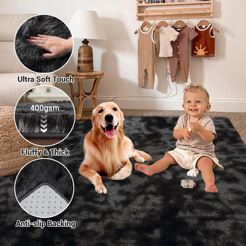 Area Rug for Living Room Shaggy Faux Fur Carpet for Bedroom Non-SNon Shedding Fuzzy Rug for Playroom Home Decor, Black/Gray