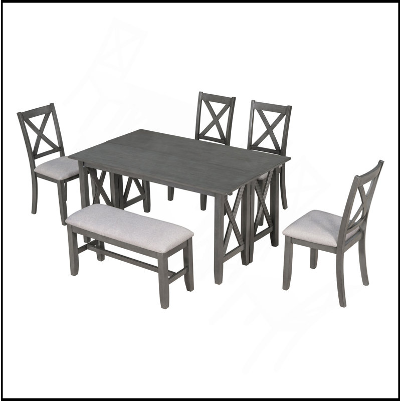 Ensemble de salle à manger 6 pièces en bois massif avec 4 chaises et banc pour la salle à manger, Gris
