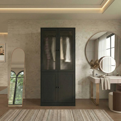20" D Armoire Wardrobe Closet With Fluted Glass, 71" H Clothing Storage Cabinet With Hanging Rod And Soft-Close Doors by Ebern Designs