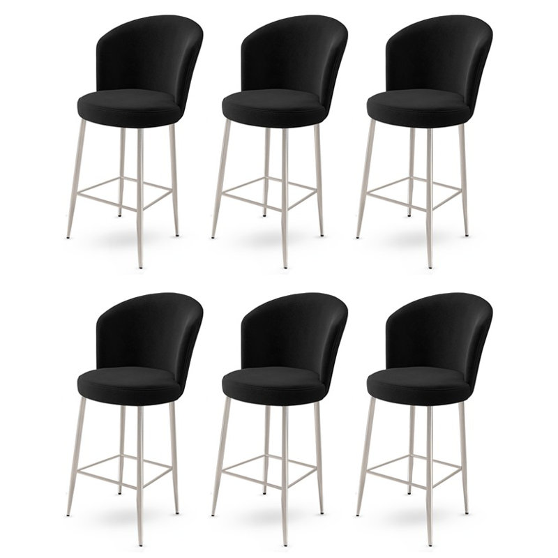Ensemble de tabourets de bar modernes (6 pièces), noir et chrome, 18,1 po x 42,1 po x 15,7 po | Structure 100% métal, tissu frontal, hauteur de dossier 14,6 po, hauteur de siège 27,6 po | Élégant et durable pour un usage domestique ou hôtelier, rembourrage en mousse confortable