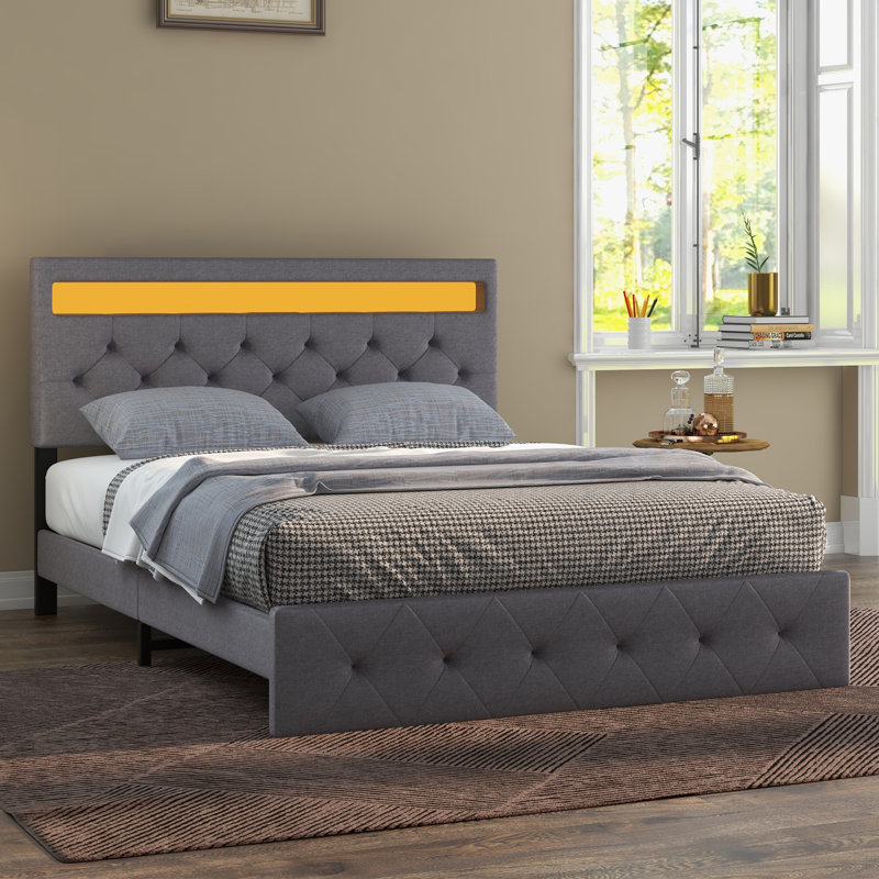 Bed Frame With LED Lights Headboard, Fast-Charging USB Port, Queen, Gray