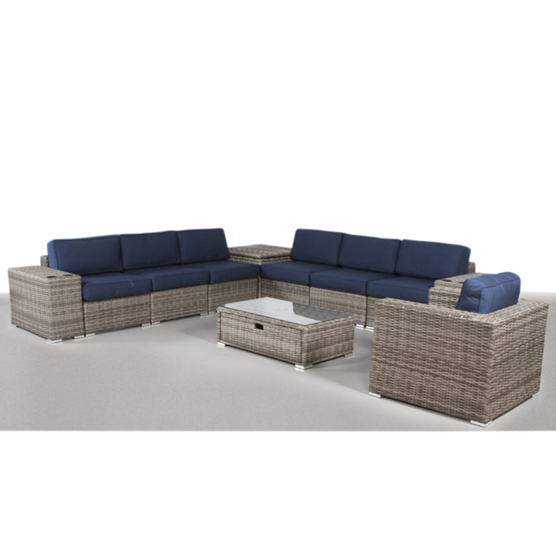 Leamon Wicker Fully Assembled 7 - Person Seating Group with Sunbrella Cushions, Navy Blue