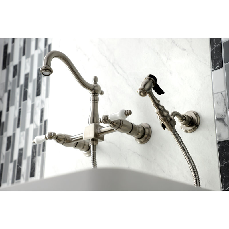 Kingston Brass Heritage Double-Handle 3-Hole Wall-Mount Bridge Kitchen Faucet with Brass Sprayer, Brushed Nickel