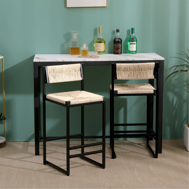 Ensemble de 2 tabourets de bar en papier tissé à la main avec repose-pieds pour îlot de cuisine, blanc crème