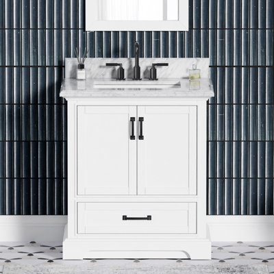 Meuble-lavabo simple 30 po avec plateau en marbre de Carrare Rhoda, pré-assemblé