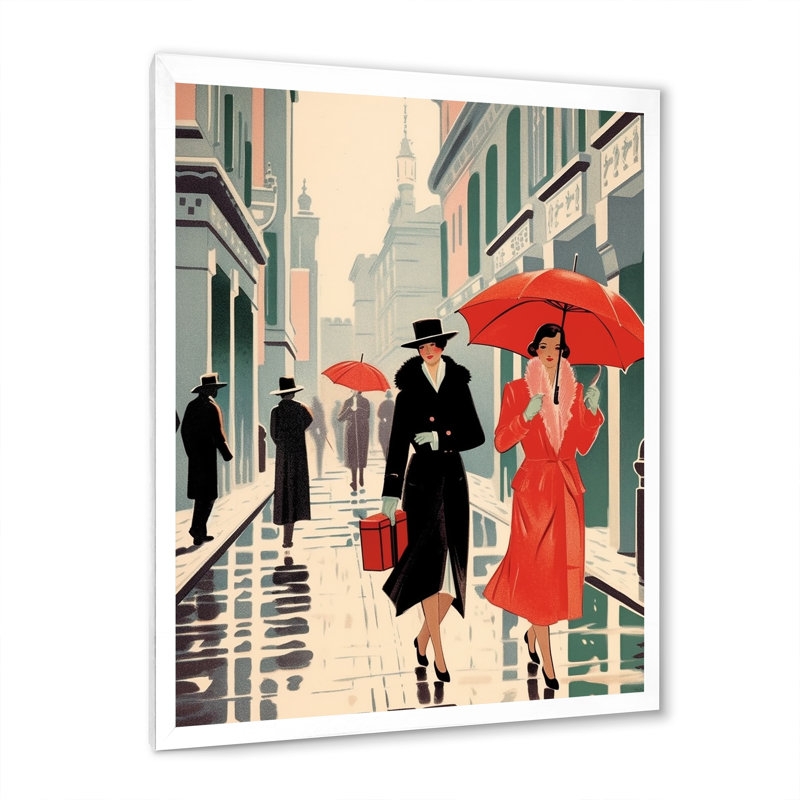 Art déco avec un parapluie rouge sur toile, H 40 po x l 30 po x P 1,5 po, Cadre simple blanc
