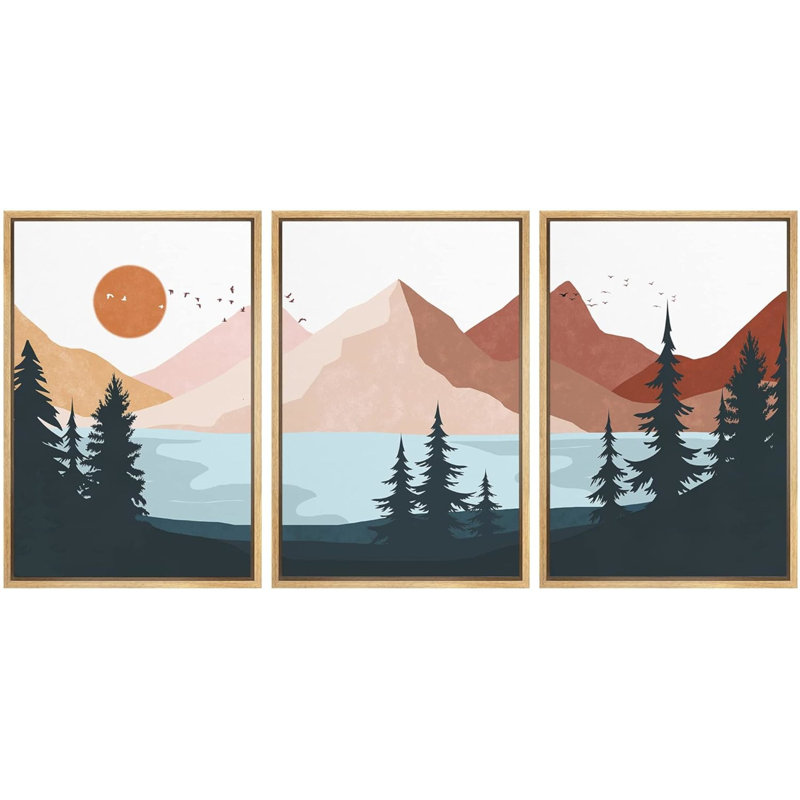 «Sunlight Pastel Mountain Forest» sur toile, reproduction de 3 pièces, H 36 po x l 72 po x P 1,5 po