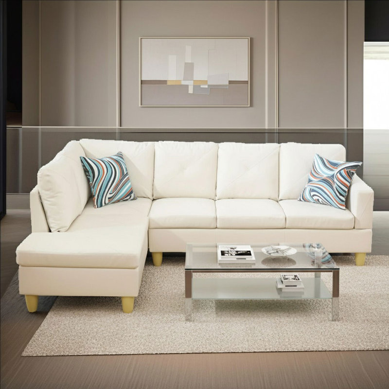 Ensemble de canapé modulaire en cuir 3 pièces avec méridienne et repose-pieds avec rangement Monaco, Face à la gauche, White