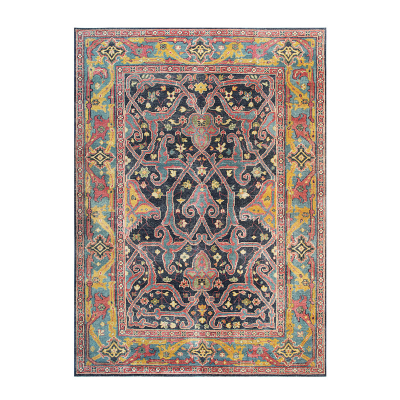 Tapis oriental rectangulaire en laine noué à la main bleu / jaune / rose, Rectangle 8 pi x 10 pi