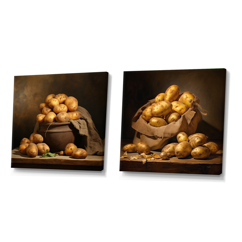 Ensemble de 2 pommes de terre ambrées - collage carré de légumes, Toile tendue, H 16 po x l 33 po