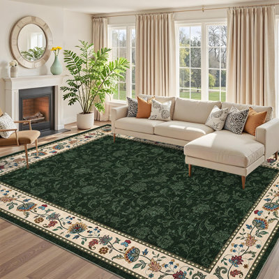 Tapis lavable à bordure florale vintage pour salon