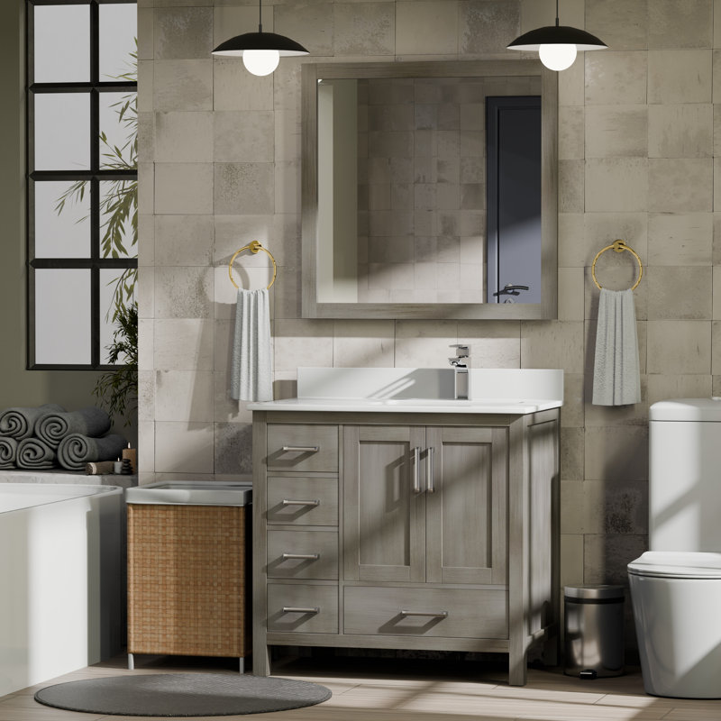 Meuble-lavabo décalé à droite et dessus blanc 36 po x P 22 po Jacques, Gris patiné, Quartz blanc