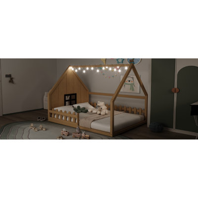 Full Size Wood House Bed With Window And Fence, Natural Material, Construction, Led For Pleasure, Playful , No Box Spring Needed Build, Amusement,
