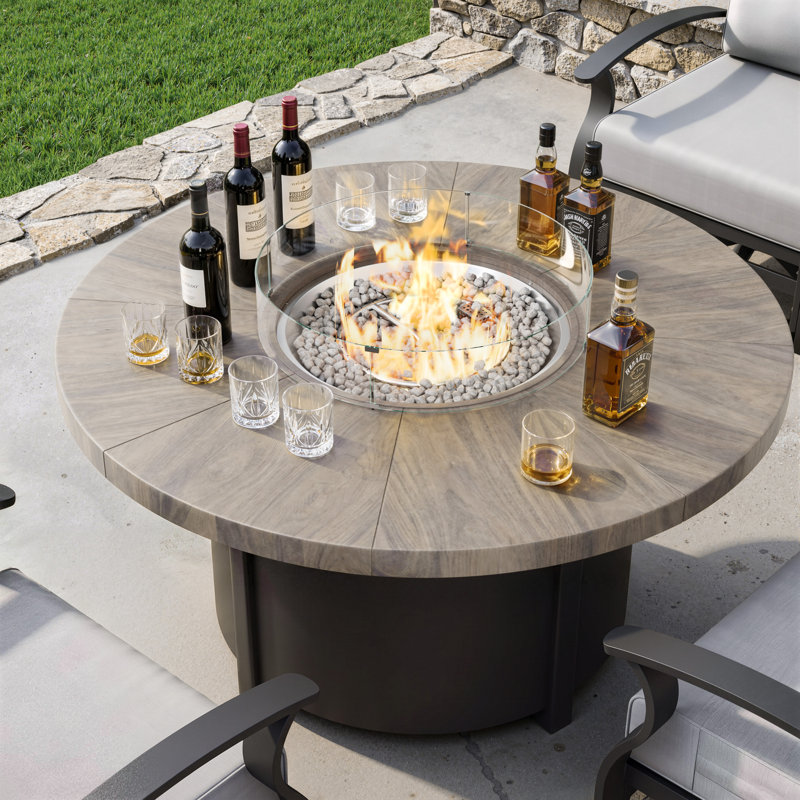 Table brasero ronde en teck gaufré avec 4 chaises de salle à manger pivotantes à bascule, ensemble de conversation extérieur