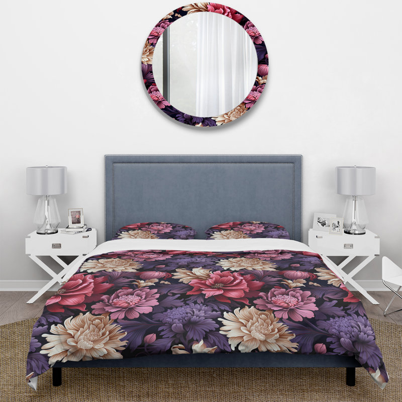 Ensemble de housse de couette damas rose et mauve, Housse de couette pour très grand lit et 2 très