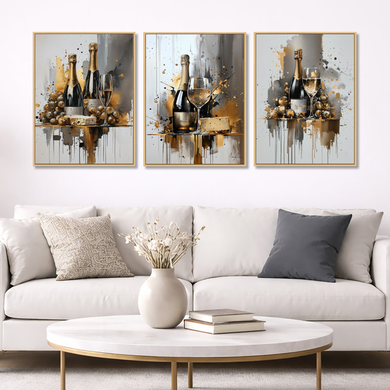 «Wine Cheese Glam Explosion - Gold Wine», art mural encadré 3 pièces, Cadre flottant en bois naturel, H 32 po x l 72 po