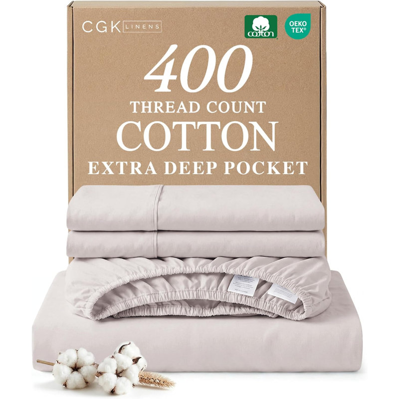 4 Piece 400 Thread Count Cotton Sheet Set – Extra Deep Pocket, Cooling, Breathable & Soft Bedding, Light Gray