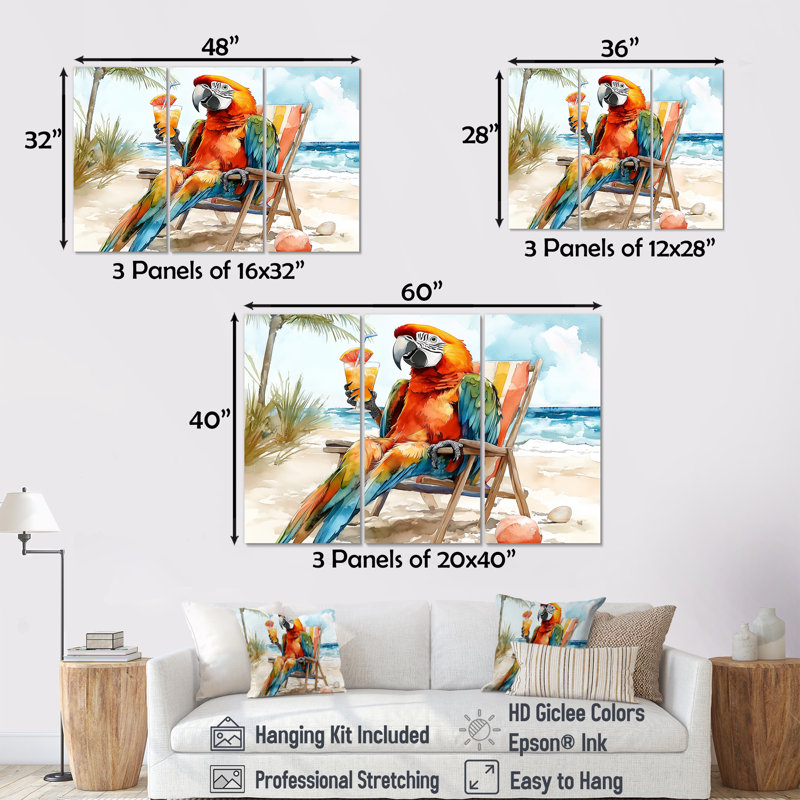 Fauteuil Macaw perroquet sur une plage - ensemble d'art mural animaux côtiers, H 28 po x l 36 po x P 1 po, Toile tendue