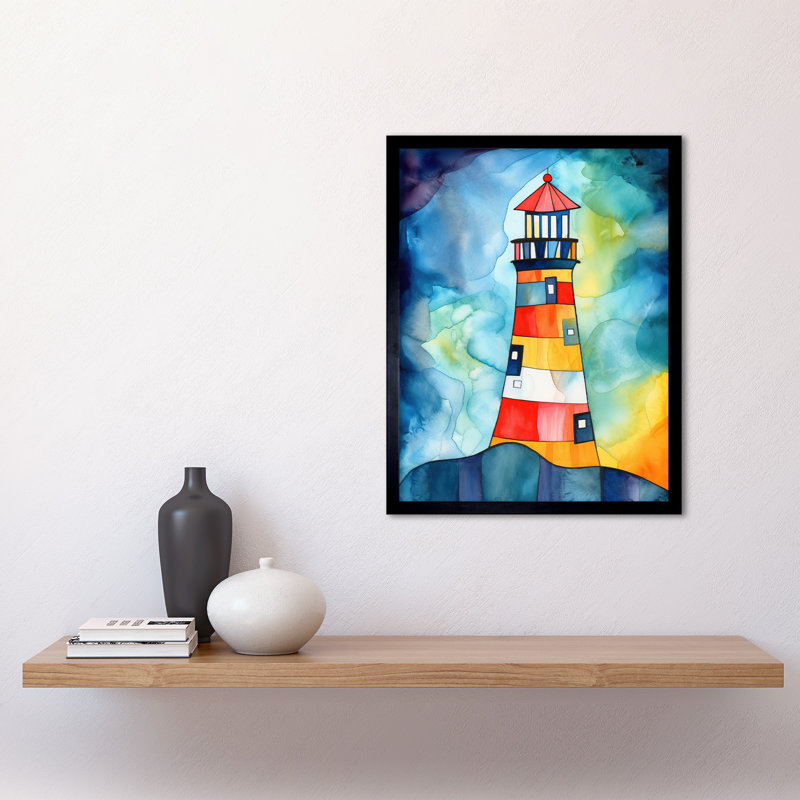 Lighthouse At Night Folk Art Watercolour Painting Art Print Framed Poster Wall Decor 12x16 inch