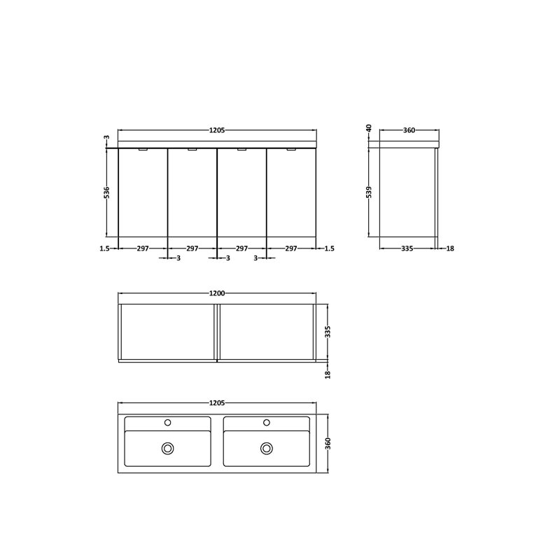 Fusion Double Bathroom Vanity with Integrated Ceramic Basin, Gloss White