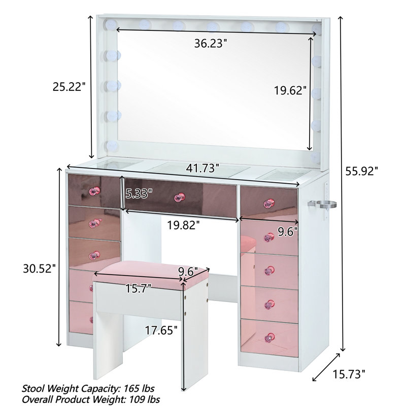 Ensemble de coiffeuse 41,7 "avec tabouret, miroir lumineux Hollywood, bois, tiroirs à miroir rose, contemporain, chambre à coucher