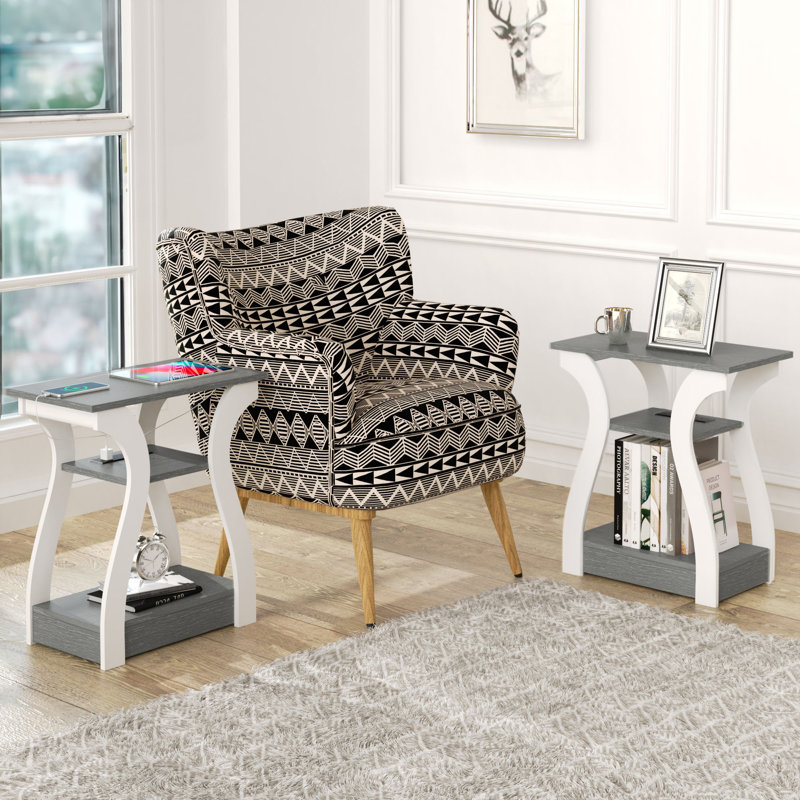 Arthus End Table and Built-In Outlets, Grey Top/White Base