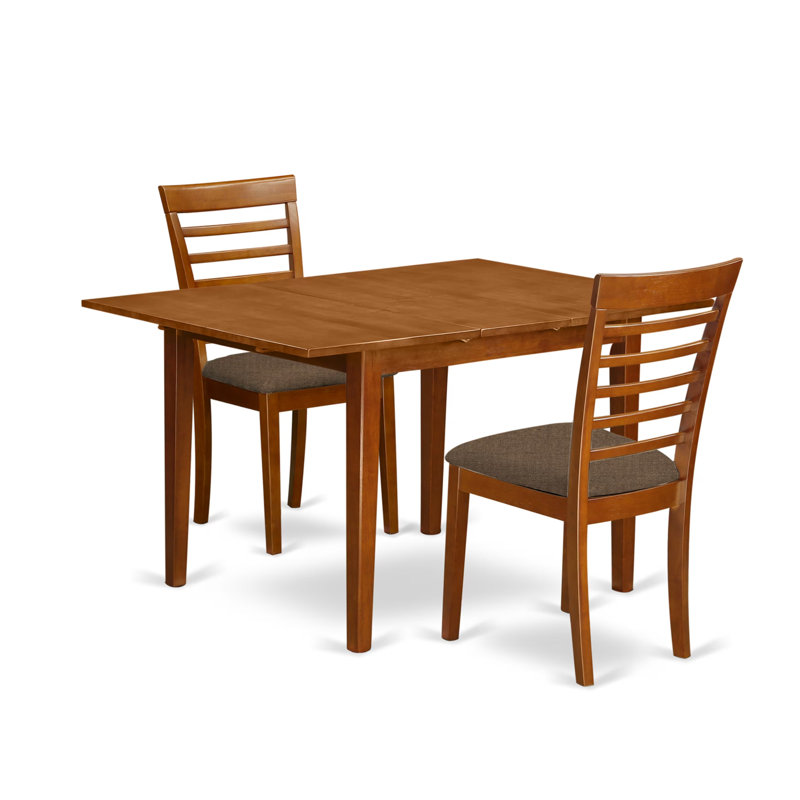 Ensemble de salle à manger 3 pièces comprenant une table de cuisine rectangulaire avec rallonge papillon et 2 chaises rembourrées en lin, 91 x 137 cm, brun selle