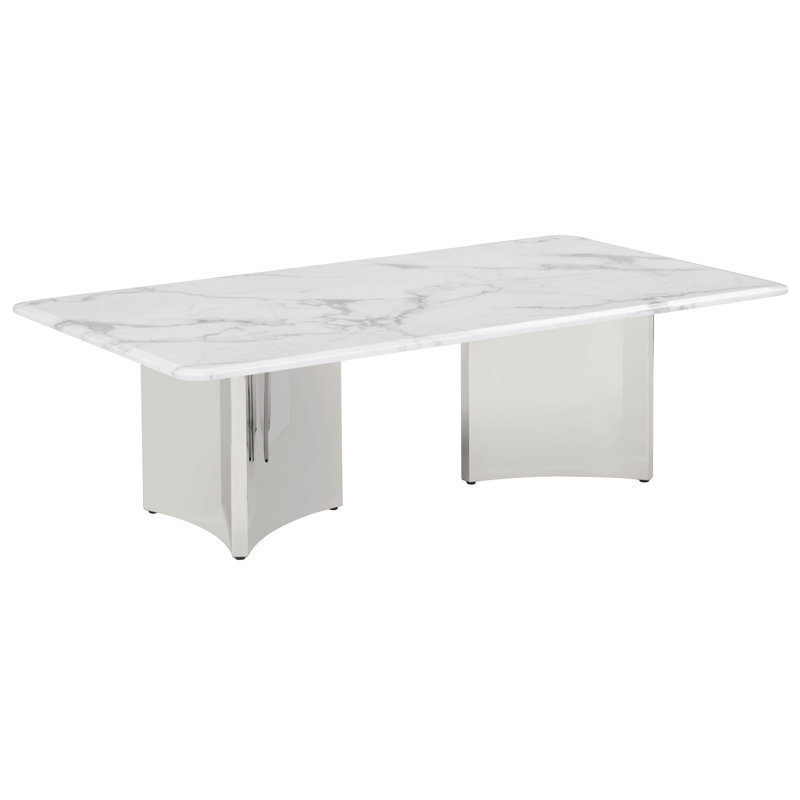 Table basse en marbre blanc avec base en acier inoxydable, Argent argent