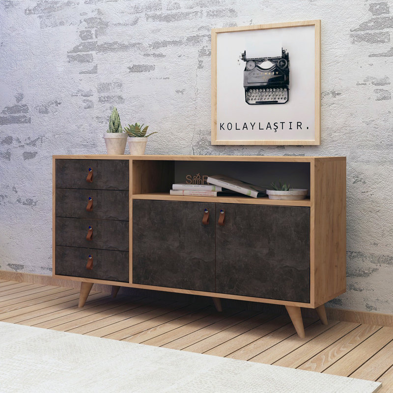 Modern Console Table with PU Leather Handle, Oak & Dark Grey Finish, 55.1 x 33.9 x 15.7 inches | 100% Melamine Coated Particle Board, 0.7 inches Thick | Wall-Mountable, Numerous Shelves, Scandinavian Design