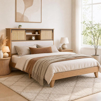 Queen Solid Wood Platform Bed Frame with Bookcase Headboard, Storage Shelves