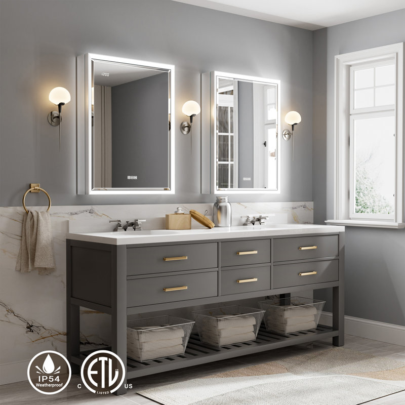 24X32" Beveled LED Medicine Cabinet With Anti-Fog Mirror – Surface/Recessed Mount, Dimmable Lights, Outlet, Clock & Sensor Light