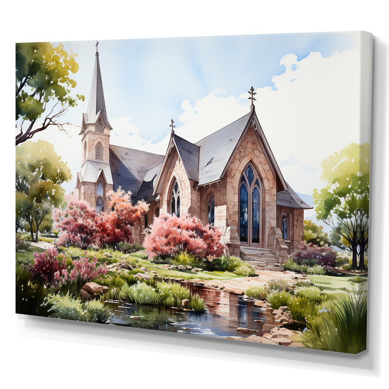 Aquarelle rustique de la chapelle blanche, 34" H x 44" W, Toile tendue