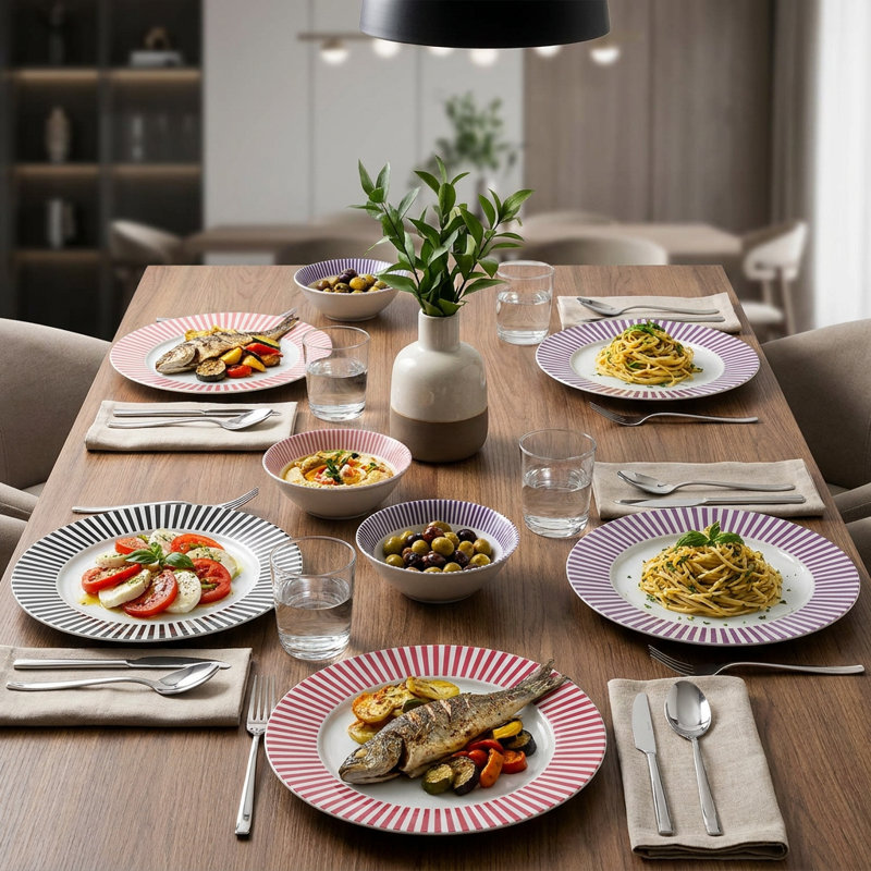 Cabana Stripe Multicolor Porcelain Dinnerware Set (18-Piece Service for 6)