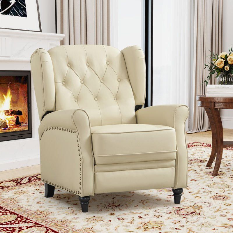 31.1" Wide Classic Top Grain Leather Push Back Recliner With Wingback Design, Beige crème