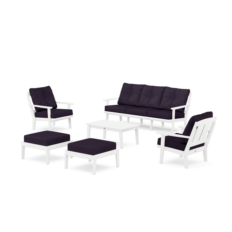 Mission 6 Piece Sofa Seating Group with Cushions, White, Navy Blue