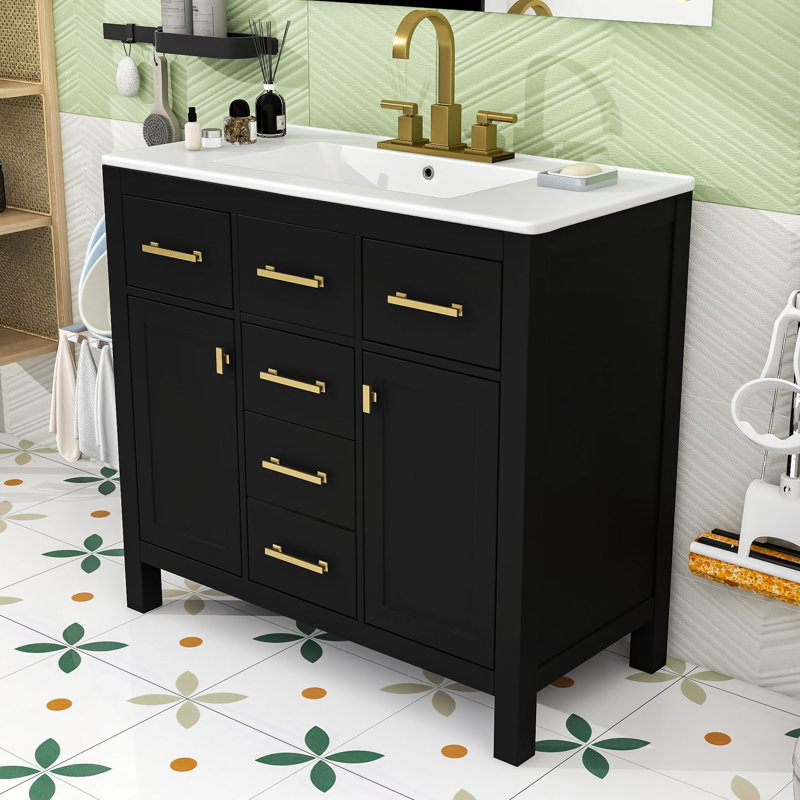Liburd 36" Freestanding Bathroom Vanity with Ceramic Sink and Storage Cabinet Combo, Black