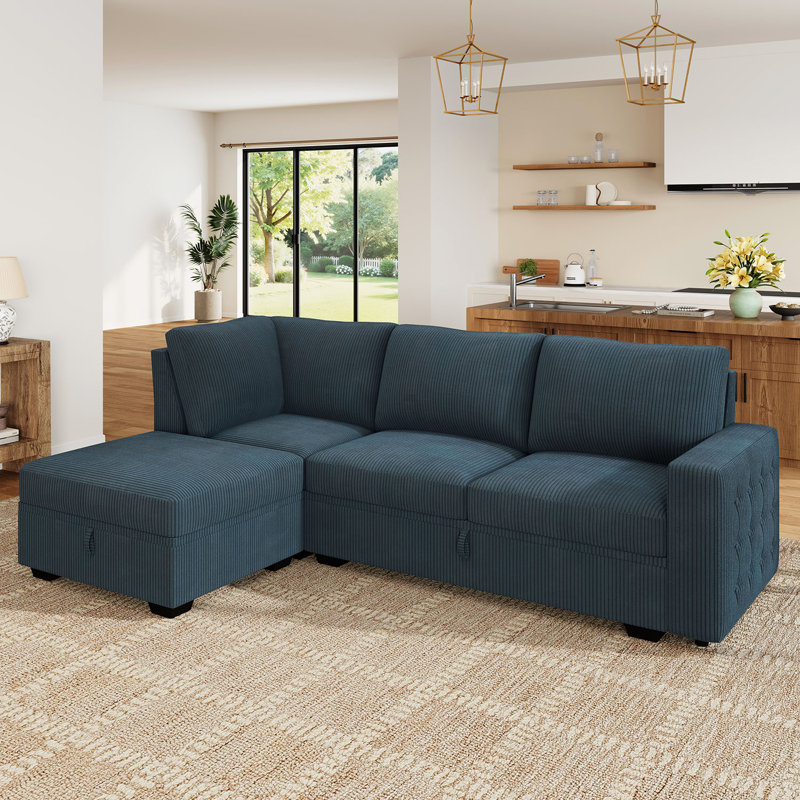 Canapé modulaire Brunella, Velours côtelé bleu, H 35 po x l 87 po x P 59,8 po