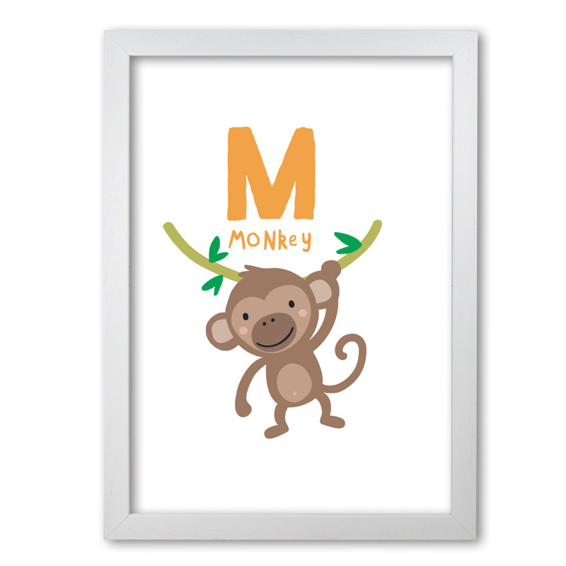 Alphabet Animals, M Is For Monkey - Print, 85 cm H x 60 cm W x 5 cm D, White Grain Frame