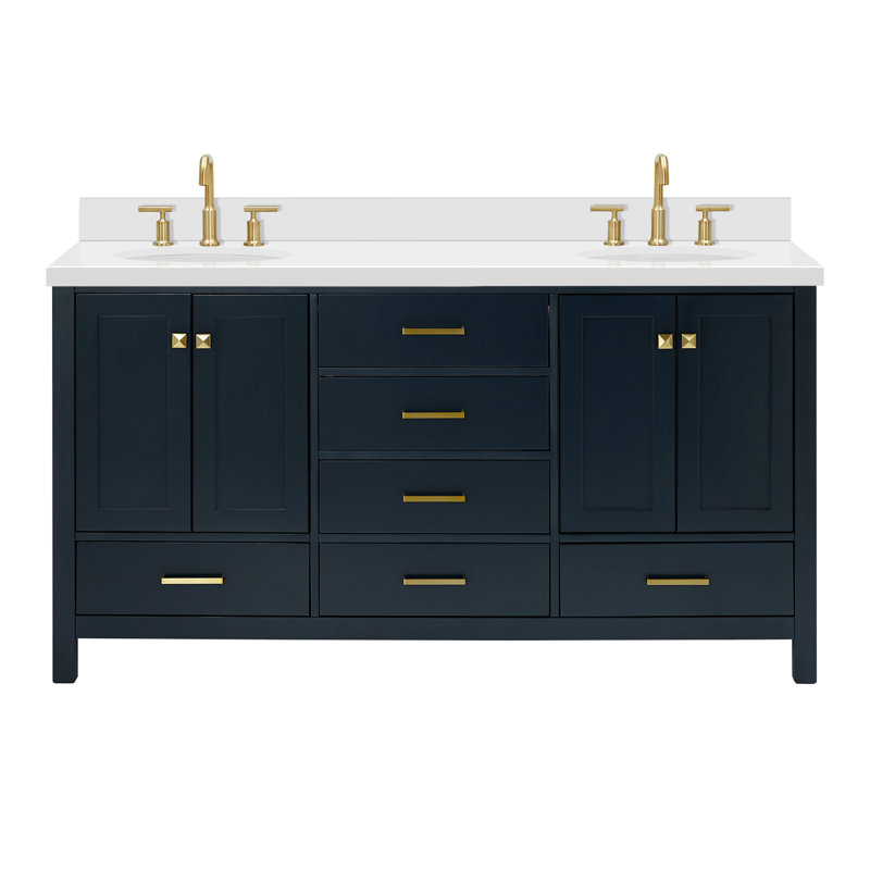 Cambridge 67'' Double Bathroom Vanity with White Quartz Top, Midnight Blue / Satin Brass