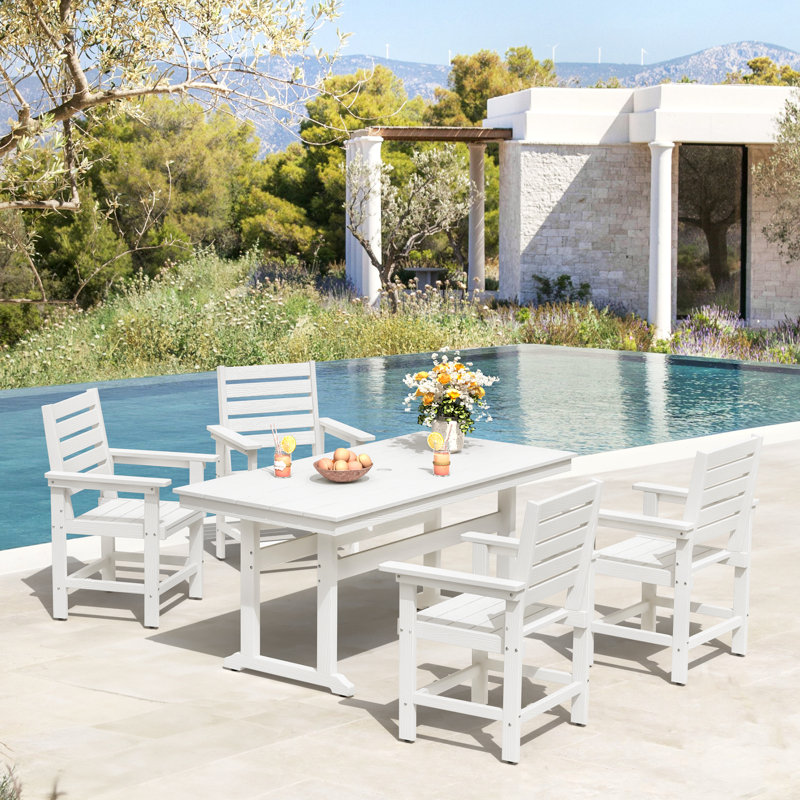 Ensemble de table d'extérieur 66 po et 4 chaises de patio rectangulaires Hdps 66 po avec trou pour parasol 1,96 po, White, 4